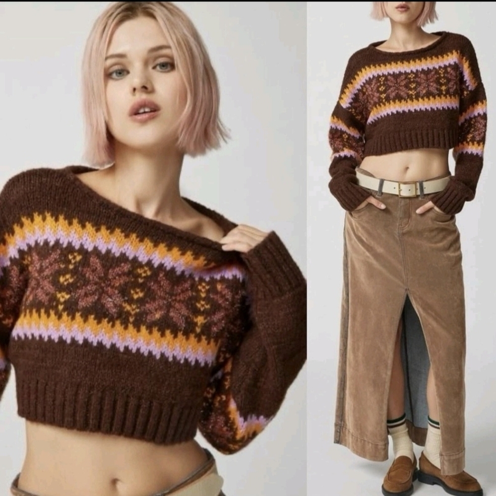 BNWT Urban Outfitters Turner Fair Isle Cropped Sweater XS Brown Boho Gorpcore